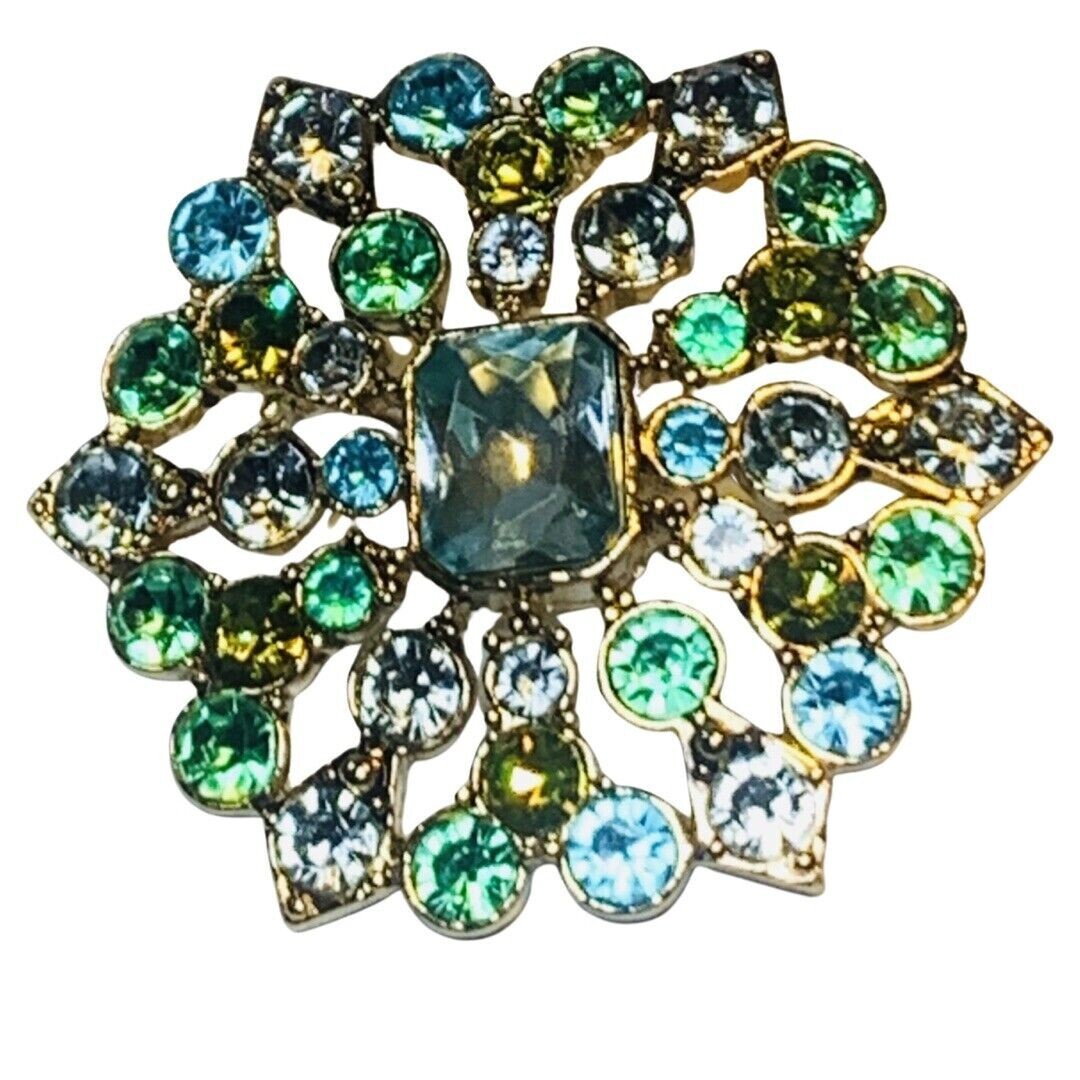 Liz Claiborne Green Rhinestone Brooch Pin 2” Gold Tone Flower
