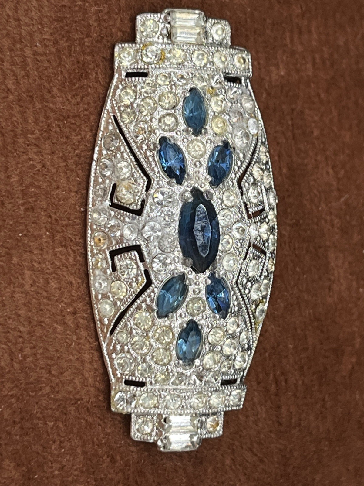 Art Deco Blue Uranium Glow Clear Paste Brooch w/ Baguette & Pavé Rhinestones 2”