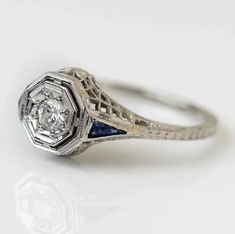 Art Deco Style Lab Created Diamond & Sapphire Engagement 14K White Gold FN Ring