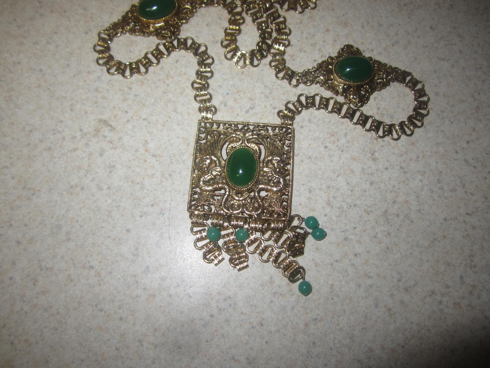 VINTAGE EDLEE DRAGON LAVALIER NECKLACE WITH DANGLES GOLD TONE