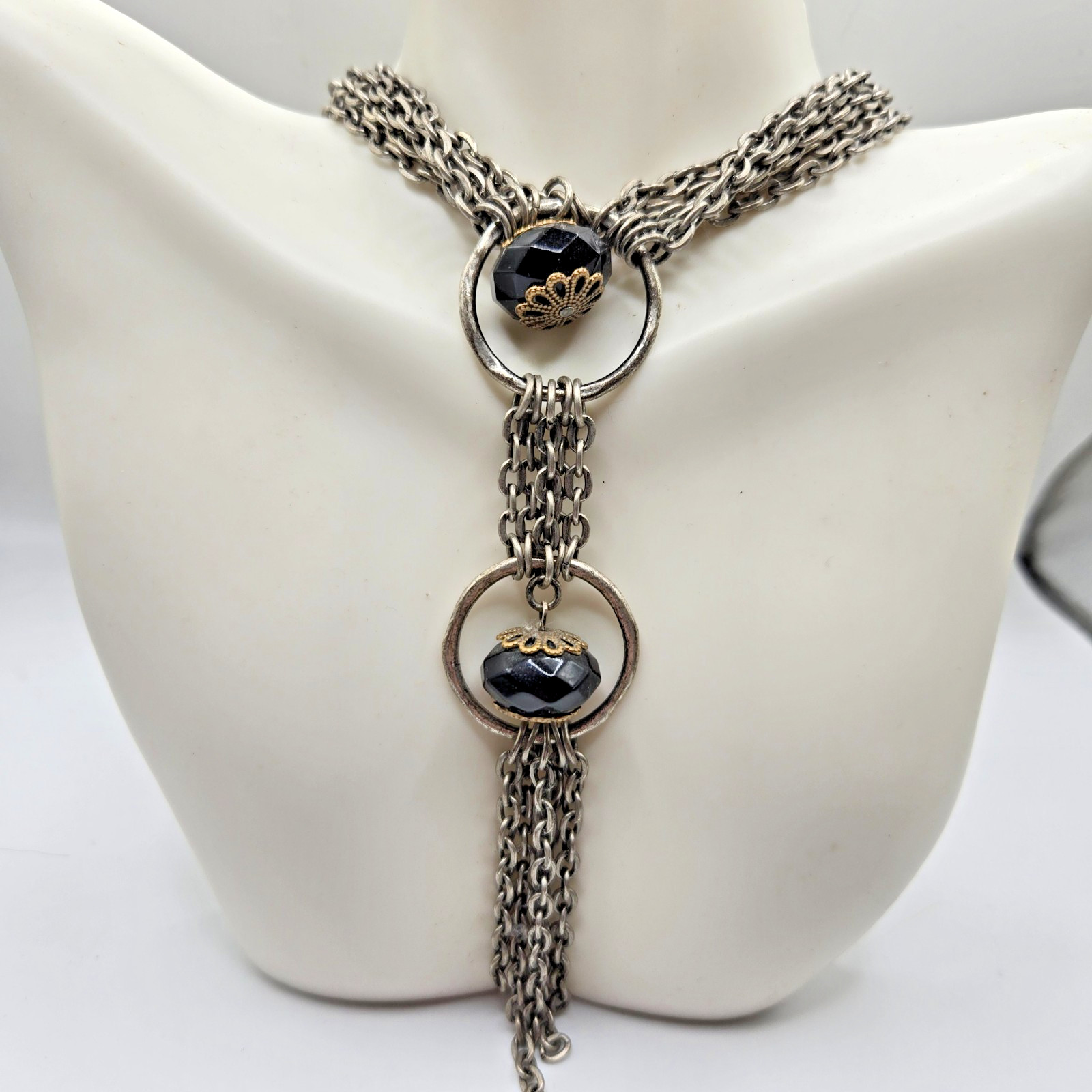 VTG Statement Necklace Layered Chain Black Beads Silvertone 18 in overall length
