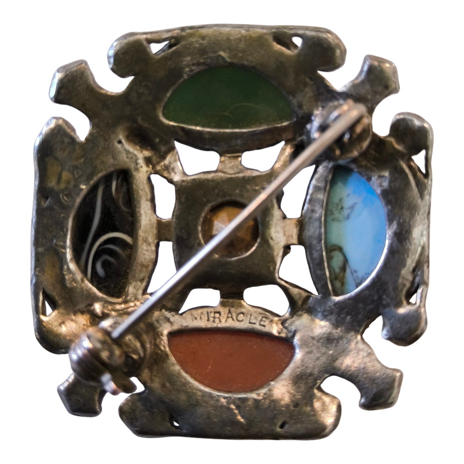 Vintage Miracle Celtic Brooch Scottish Agate Style Glass/Rhinestone Multicolor