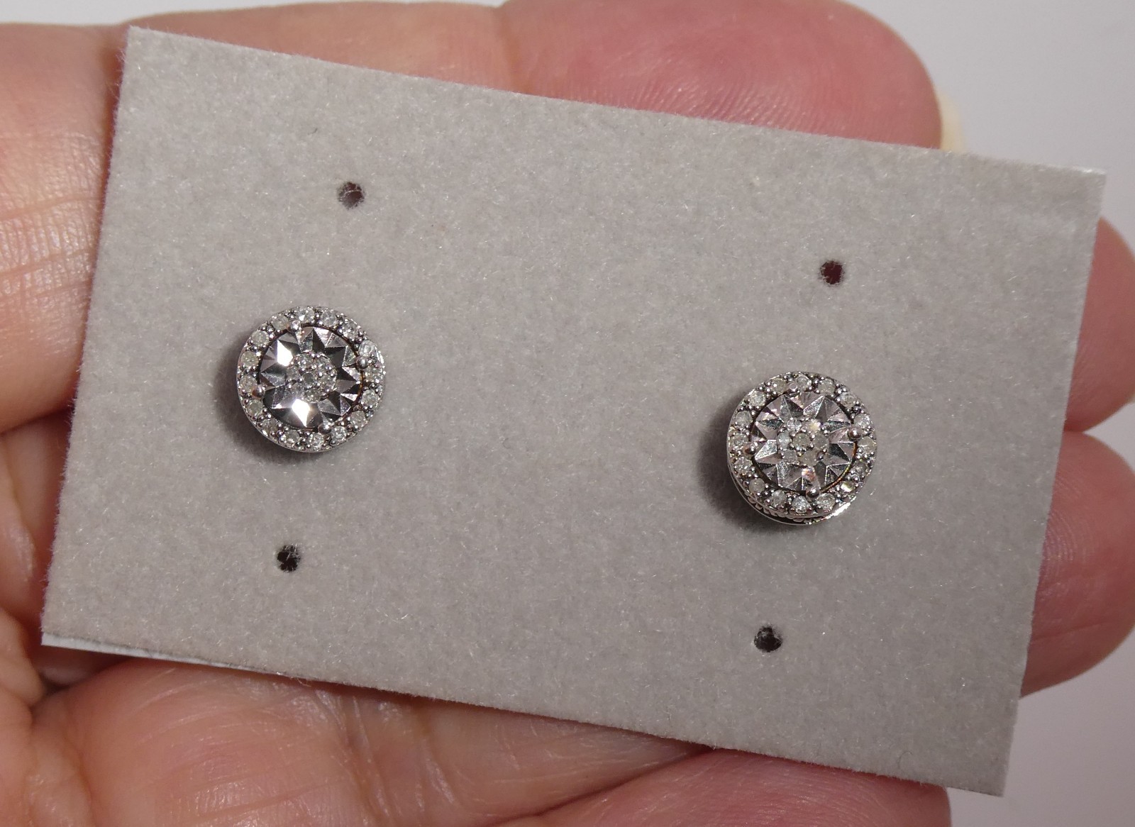 Signed DLC 925 Sterling Silver Genuine Diamond Halo Stud Earrings 1.6g 7.5mm