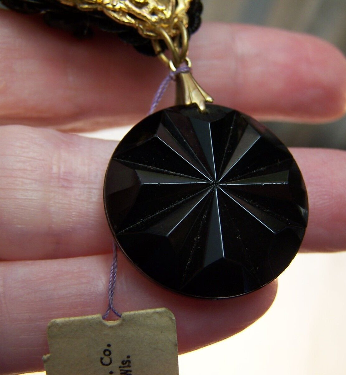 Unsigned Miriam Haskell Pendant/Vtg Black Molded Glass Floral Beads/NOS w Tag