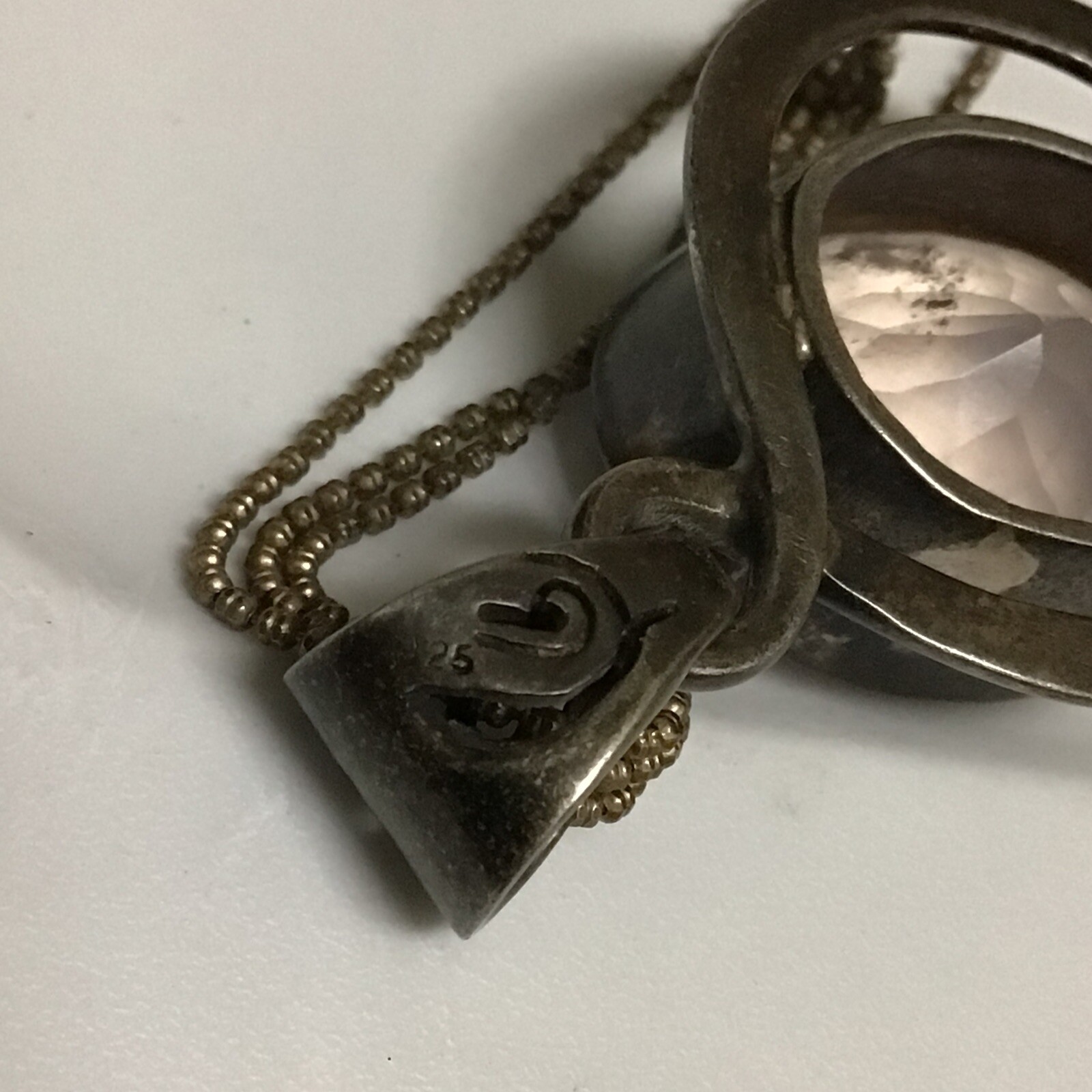 Vintage 925 Real Rose Quartz Pendant W/ VTG DESIGN AGI 925 ITALY Necklace