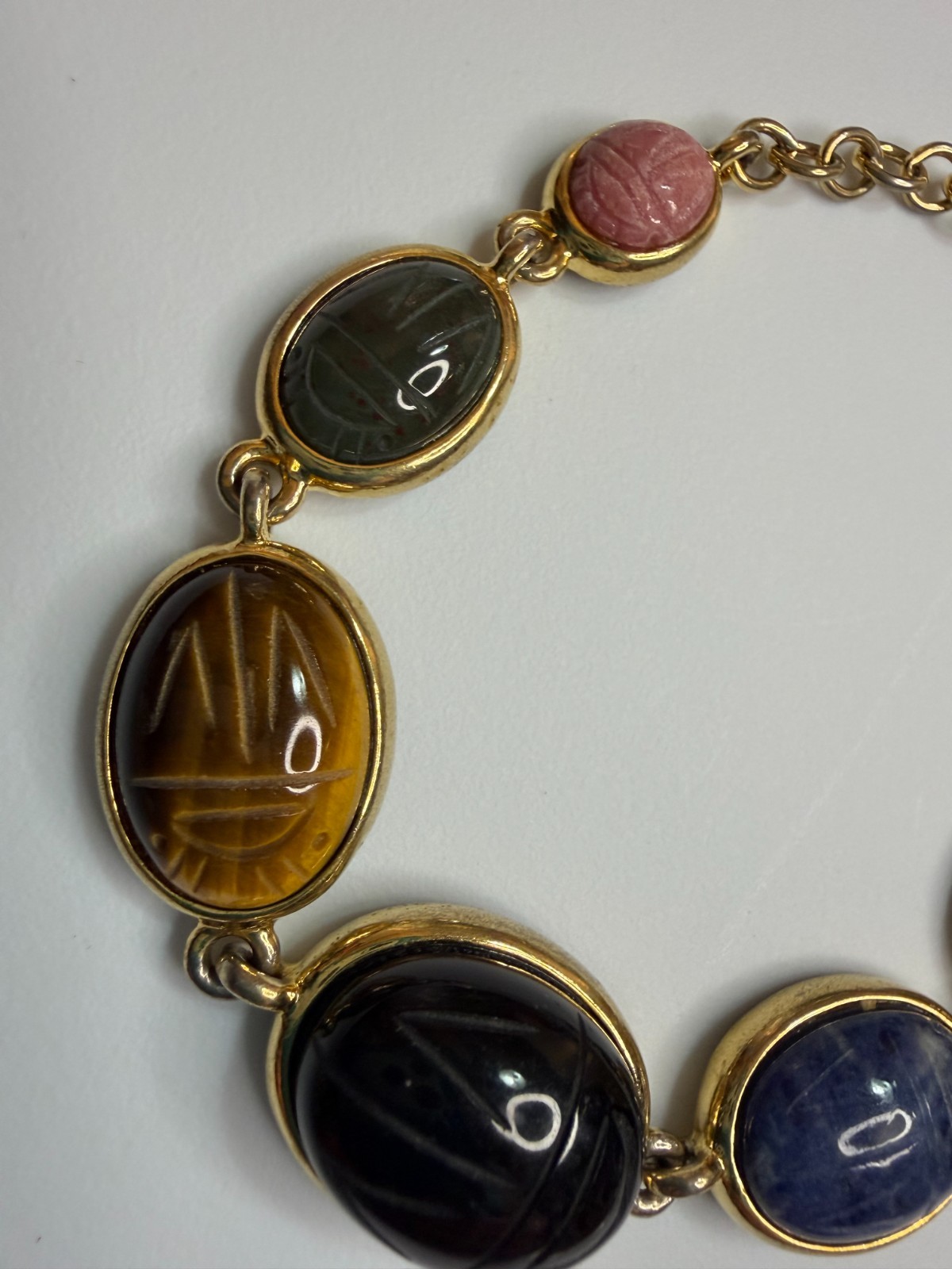 Vintage Multi Gemstone Egyptian Revival Scarab Link Bracelet Mid-Century Rainbow