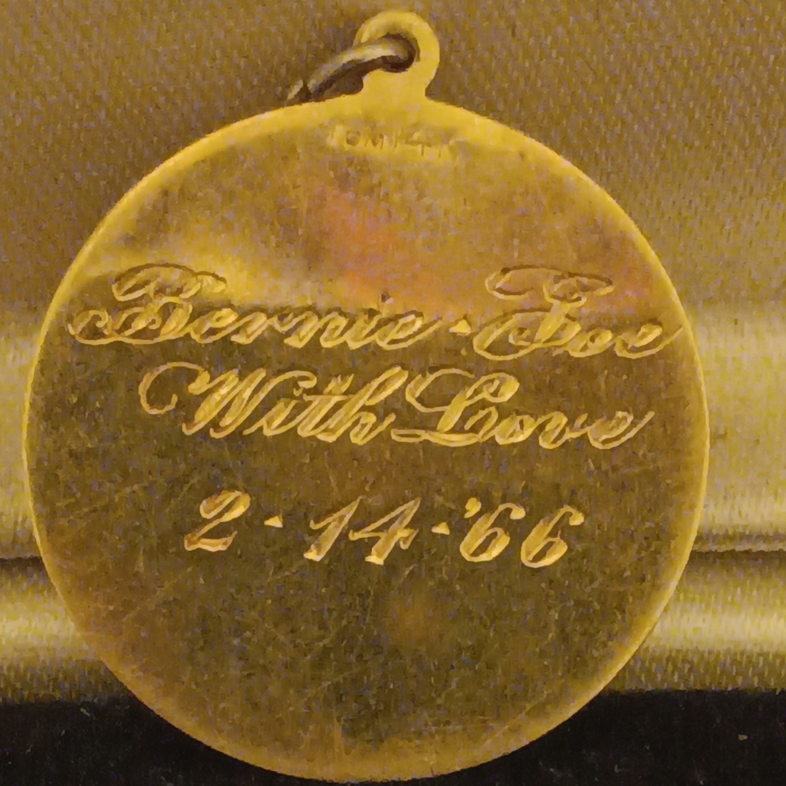 14k Vintage 1960s Gold Tone Round Love Birds Pendant, Engraved, Pearl, 2-14-66