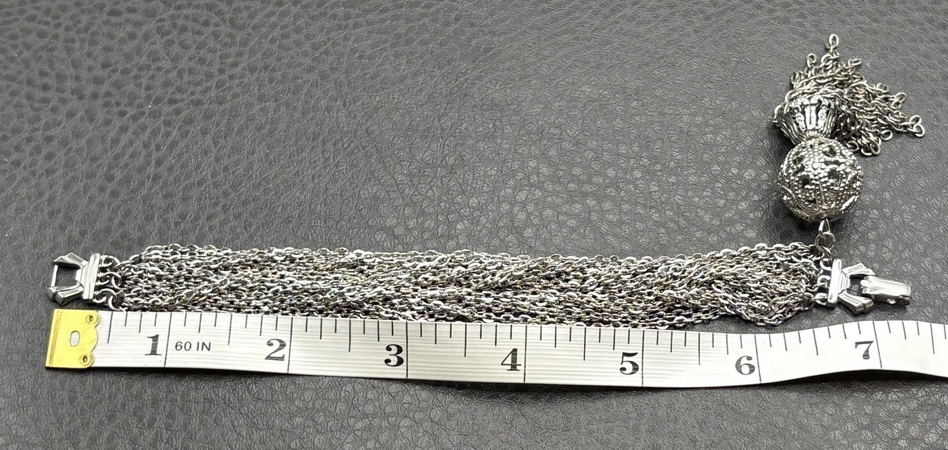 Vintage Silver Tone Multi-Strand Chain Bracelet Ornate Filigree Tassel Charm