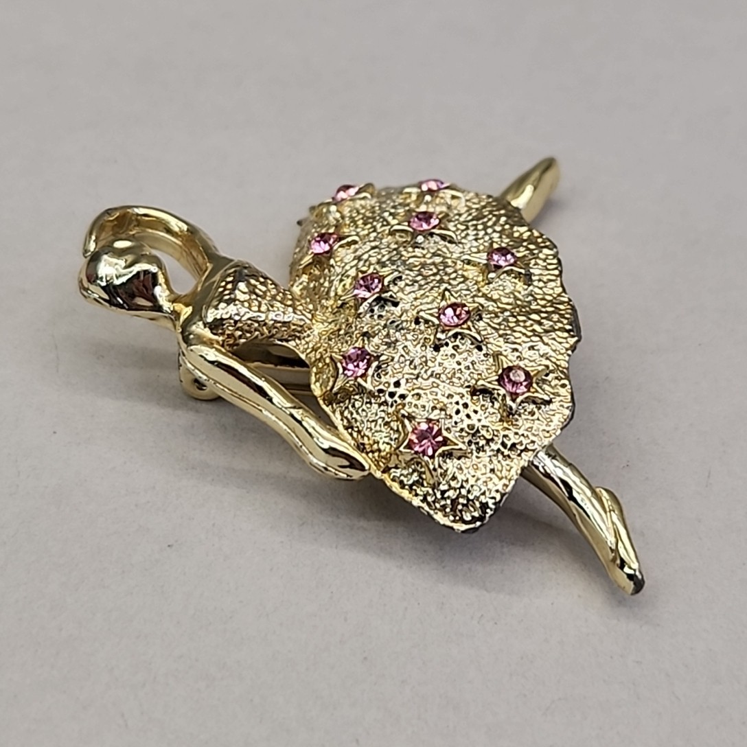 Vintage Ballerina Brooch Pink Rhinestones Gold Tone Speckled 1 5/8″
