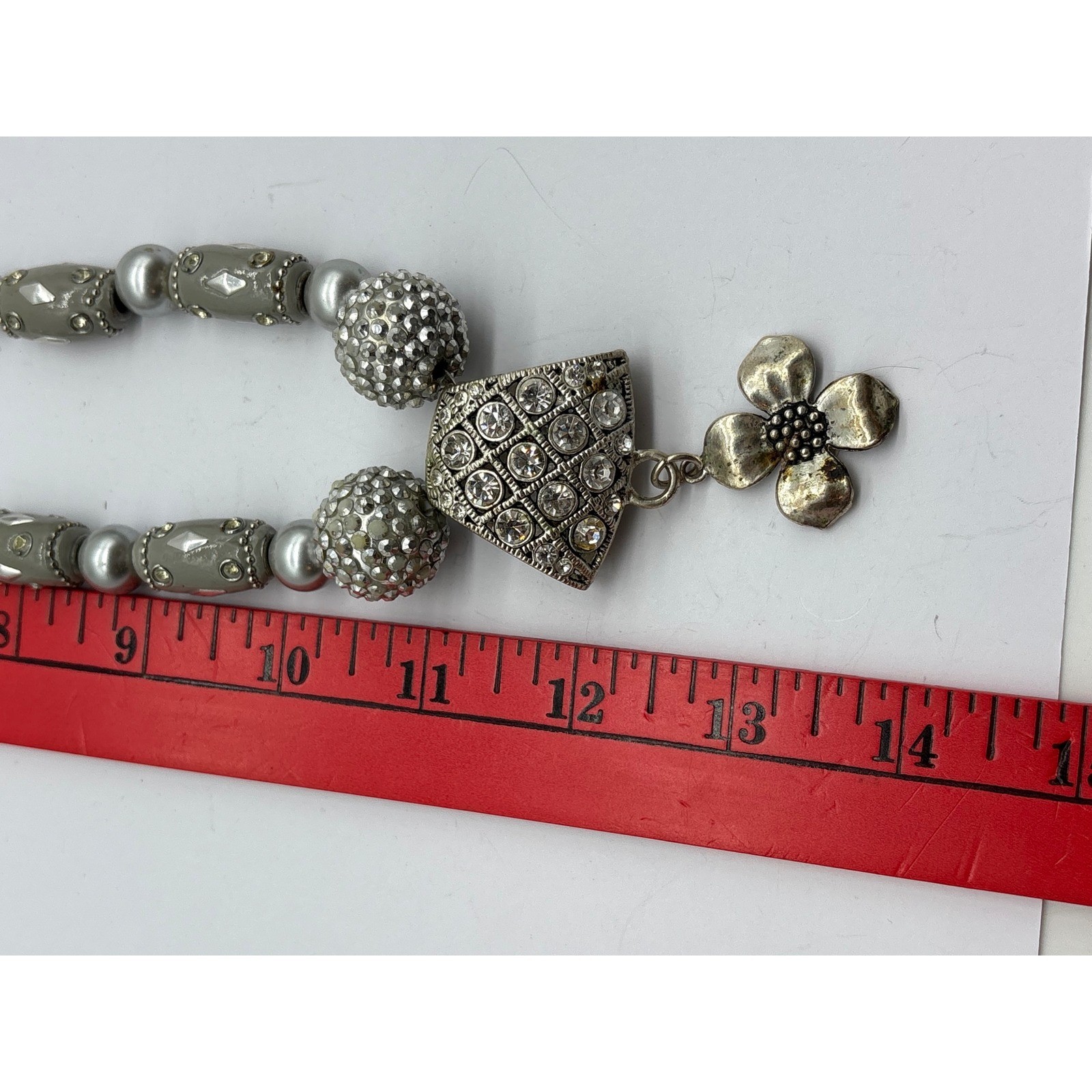 Vintage Silver Tone Statement Necklace Faux Pearl Rhinestone Flower Toggle 25in