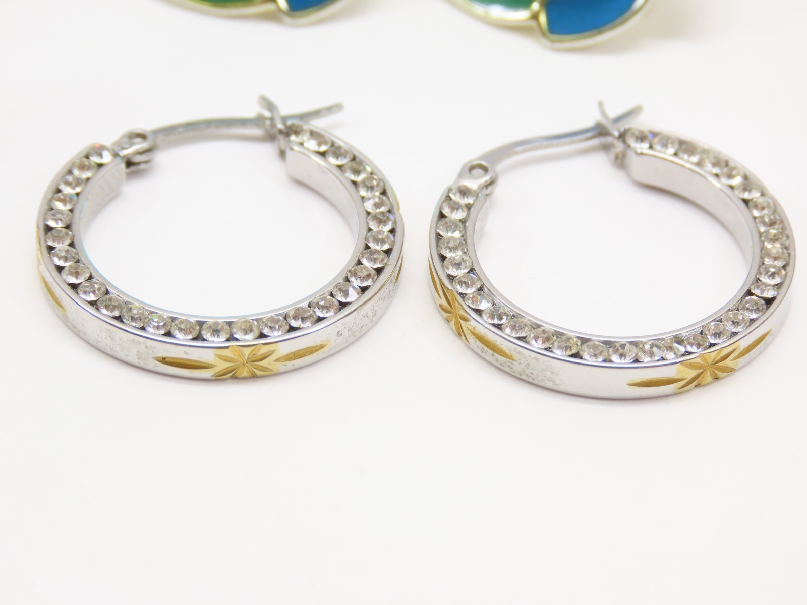 VTG Dangle Earrings Lot Pierced 1 Clip Silver Tone Blue Clear Rhinestones D2115