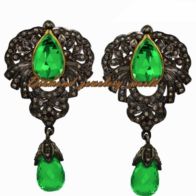 Gorgeous 2.05ctw Rose Cut Diamond Emerald Studded Silver Vintage Earring Jewelry