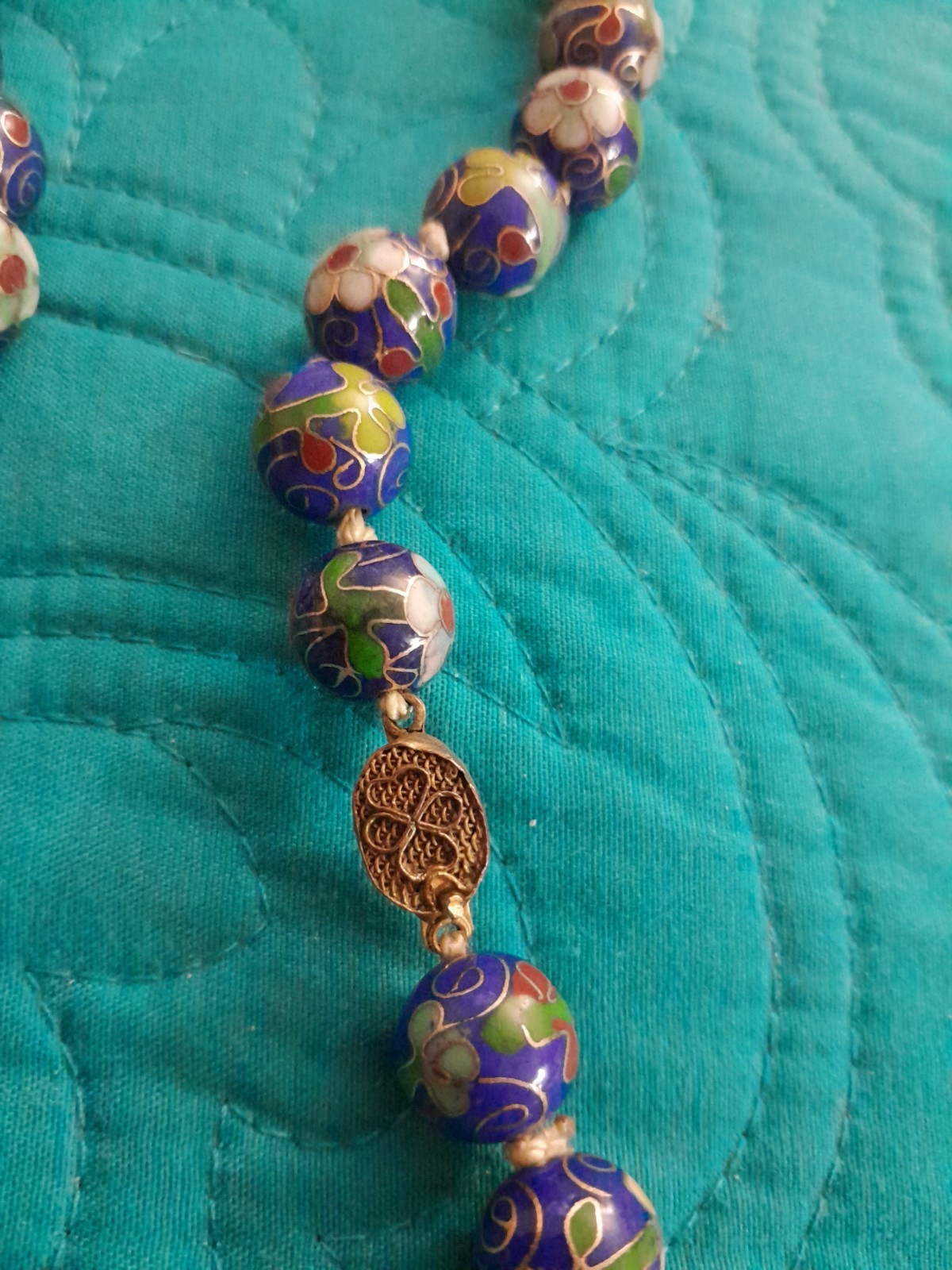 Vintage Chinese Export Cloisonne Blue Floral Enamel Beaded Necklace 19′