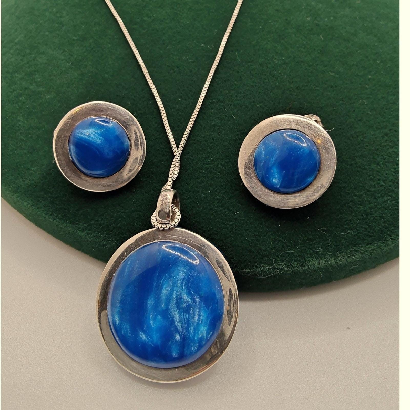 Vintage Taxco Sterling Silver Blue Turquoise Necklace Earrings Ring Set Mex 925