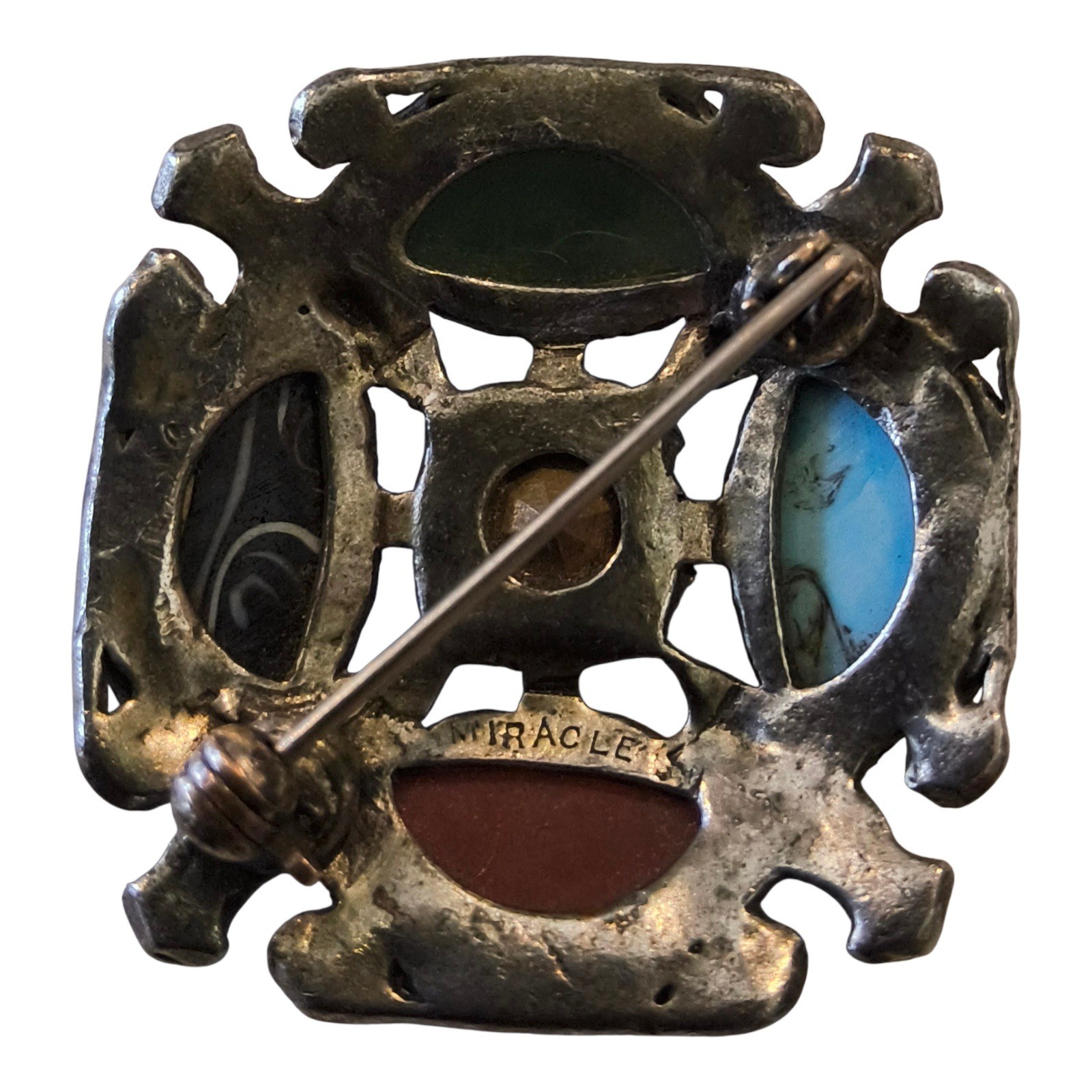 Vintage Miracle Celtic Brooch Scottish Agate Style Glass/Rhinestone Multicolor