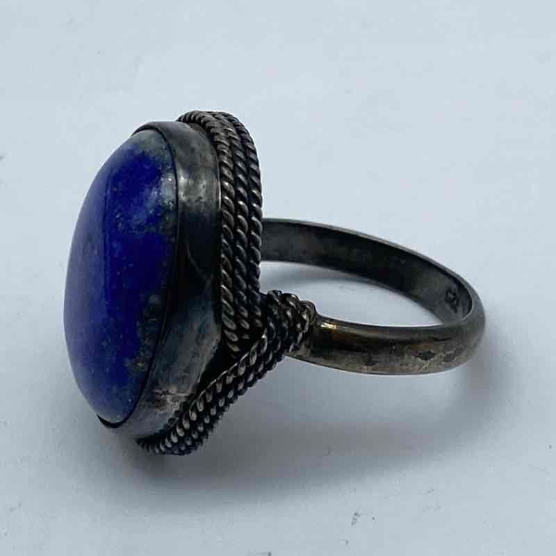 Sterling Silver 925 Oval Lapis Lazuli Cabochon Ring Rope Bezel Vintage Size 5.5