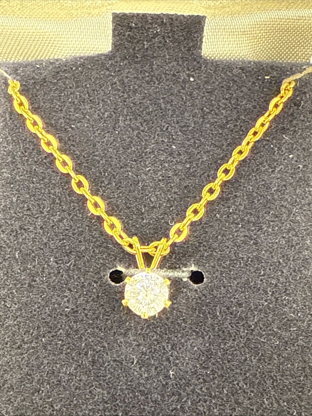 Yellow Gold Toned 5mm .75ct CZ Solitaire Pendant 16” Necklace NIB