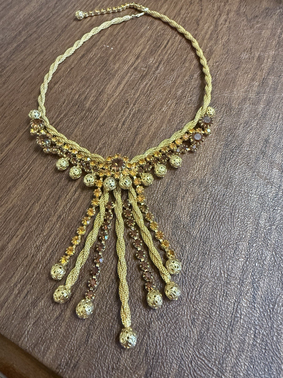 Vintage Choker By St Labre Runway Look! Gold Beads Amber Rhinestones Stunning