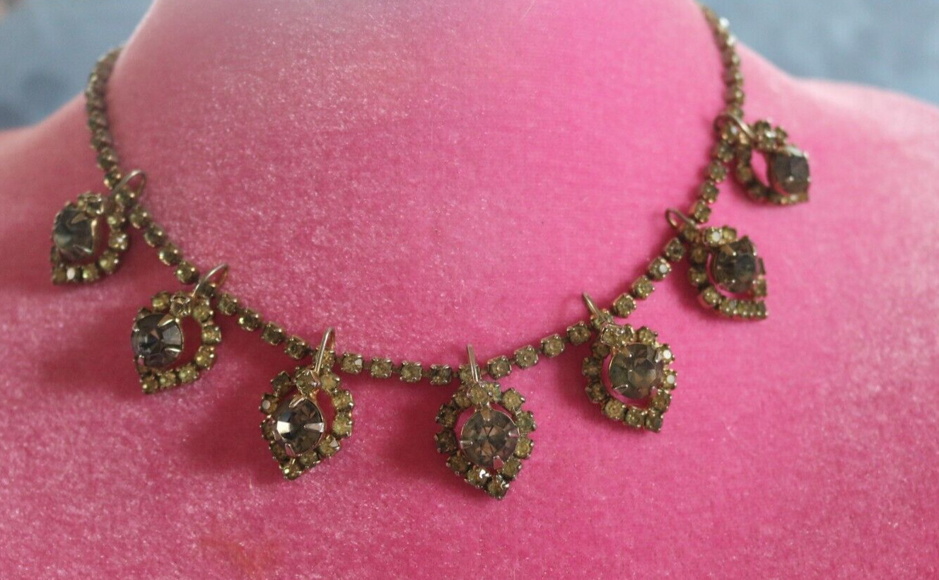 Vintage Rhinestone Necklace Light Citrine Smoky Gray 3-D Effect Prong Set Choker