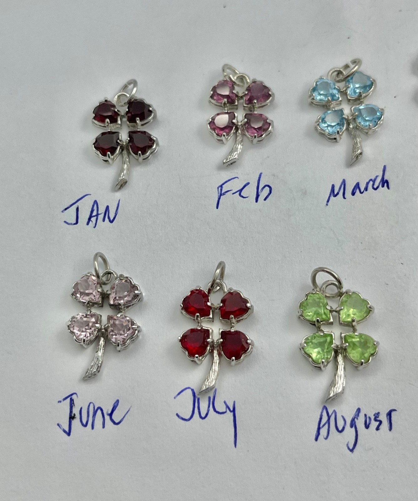 Vintage Mid Century Sterling Silver Rhinestone Birthday Clover Charms Pendants
