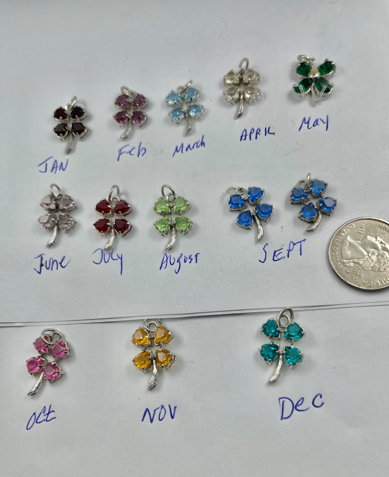 Vintage Mid Century Sterling Silver Rhinestone Birthday Clover Charms Pendants
