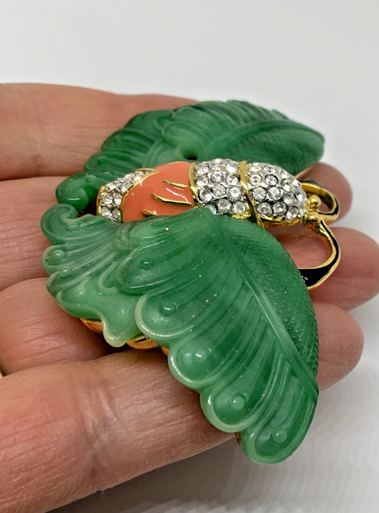 Vintage Signed Kenneth Jay Lane KJL Faux Carved Jade Butterfly Brooch Pin