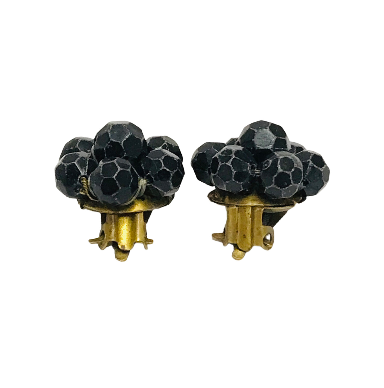 Vintage Hong Kong Japan Black Lucite Bead Cluster Clip On Earrings Black White