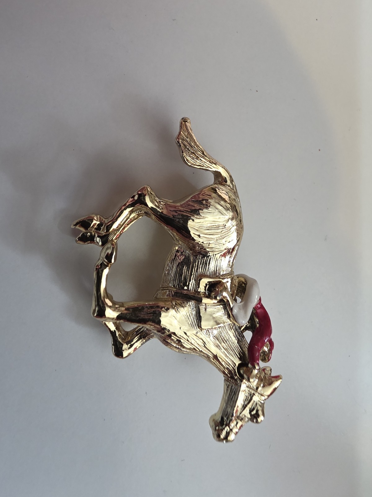 Vintage Red and White Enamel Jockey on Gold Horse Pin