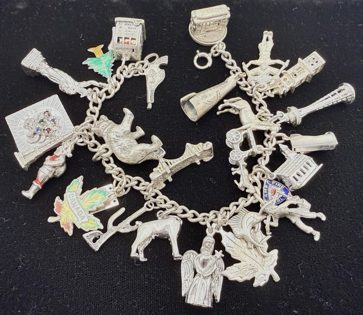 Vintage Sterling Silver 25 Charm Chunky Bracelet Some Mechanical 1960’s MCM 80gr