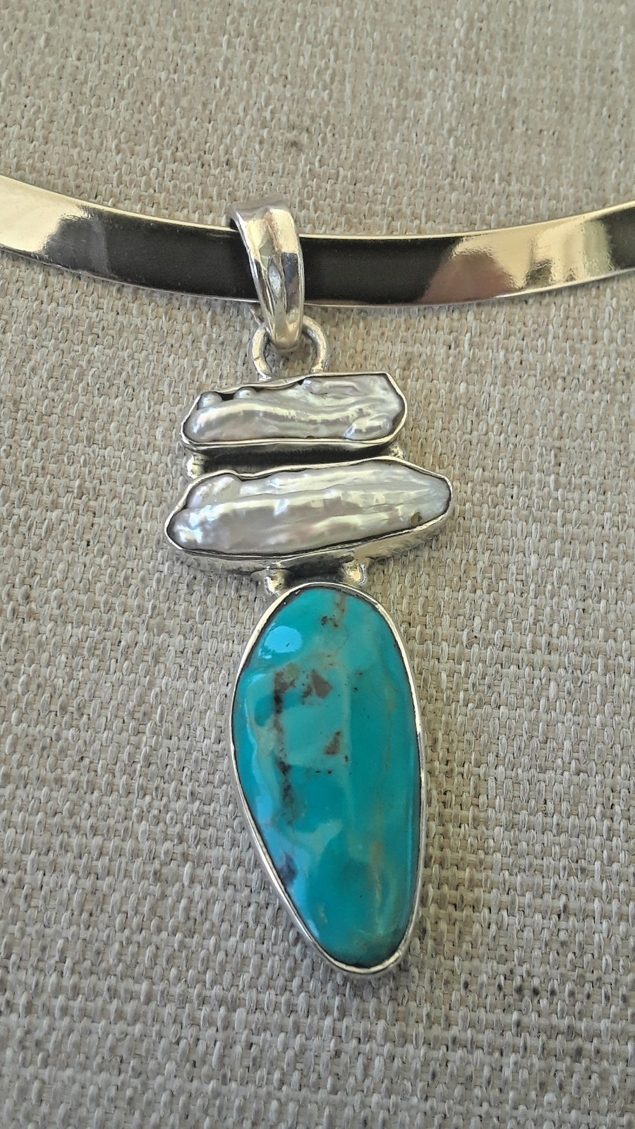 Vintage Mexico Sterling Solid Hook Open Collar Necklace MOP Turquoise Pendant