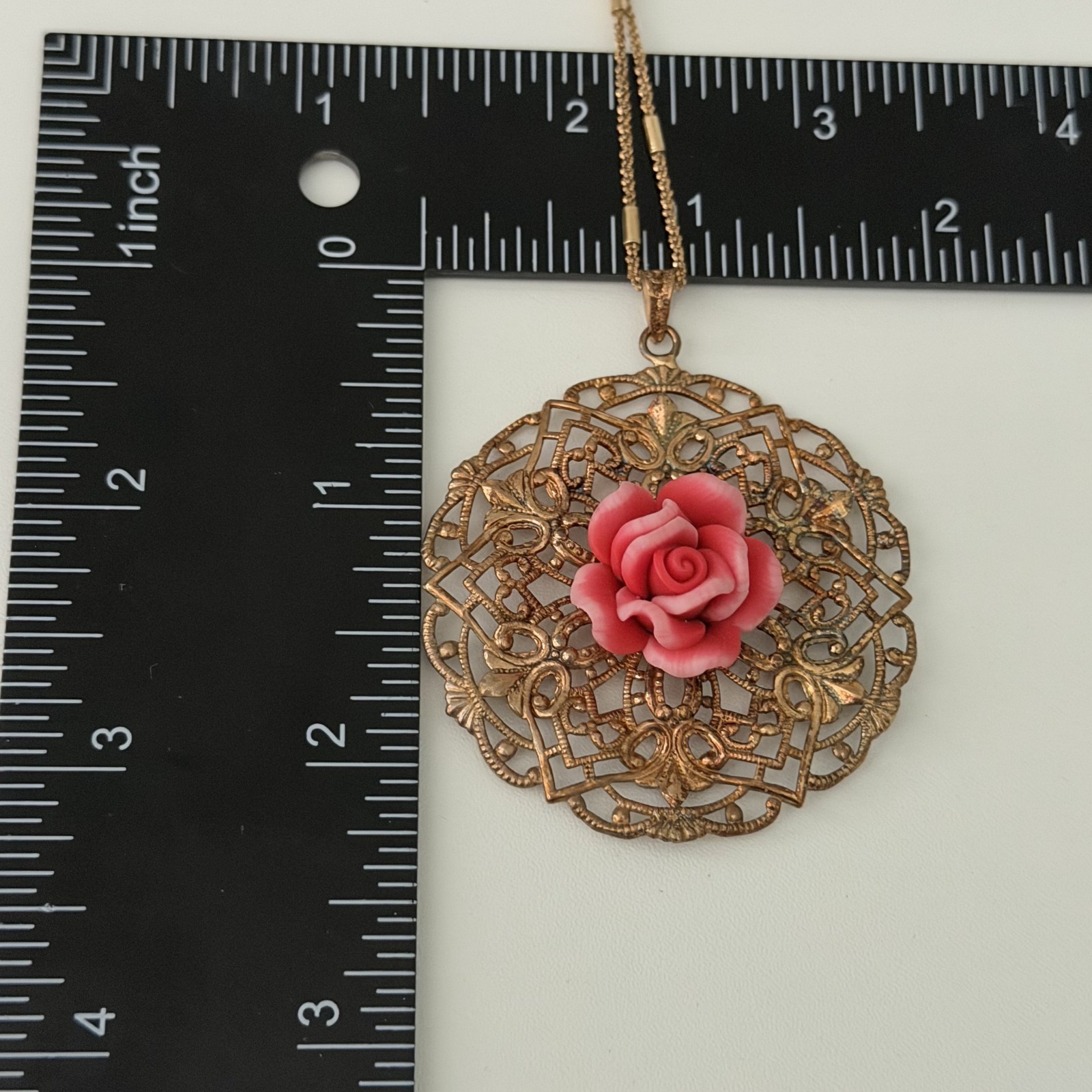 Vintage 925 Italy Sterling Silver Gold Vermeil Pink Rose Filigree Necklace