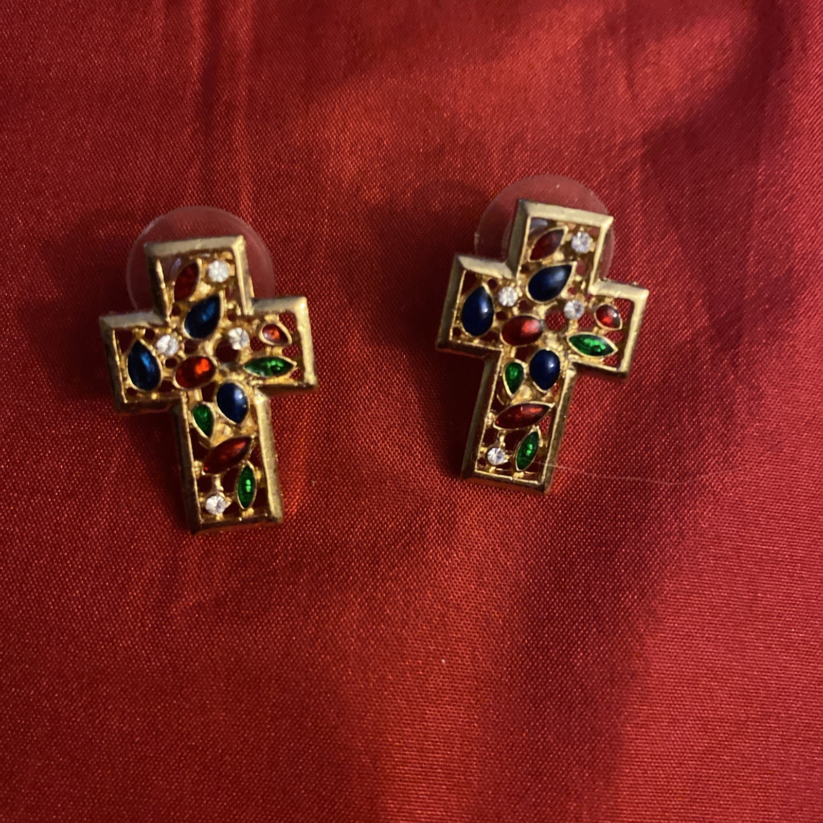 Vintage Multicolor Enamel Rhinestone Abstract Design Cross Necklace & Earrings