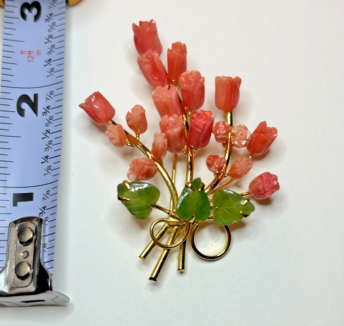 VINTAGE Brooch Bouquet Genuine Coral Pink Carved Roses Jade Leaves Gold Angelskn