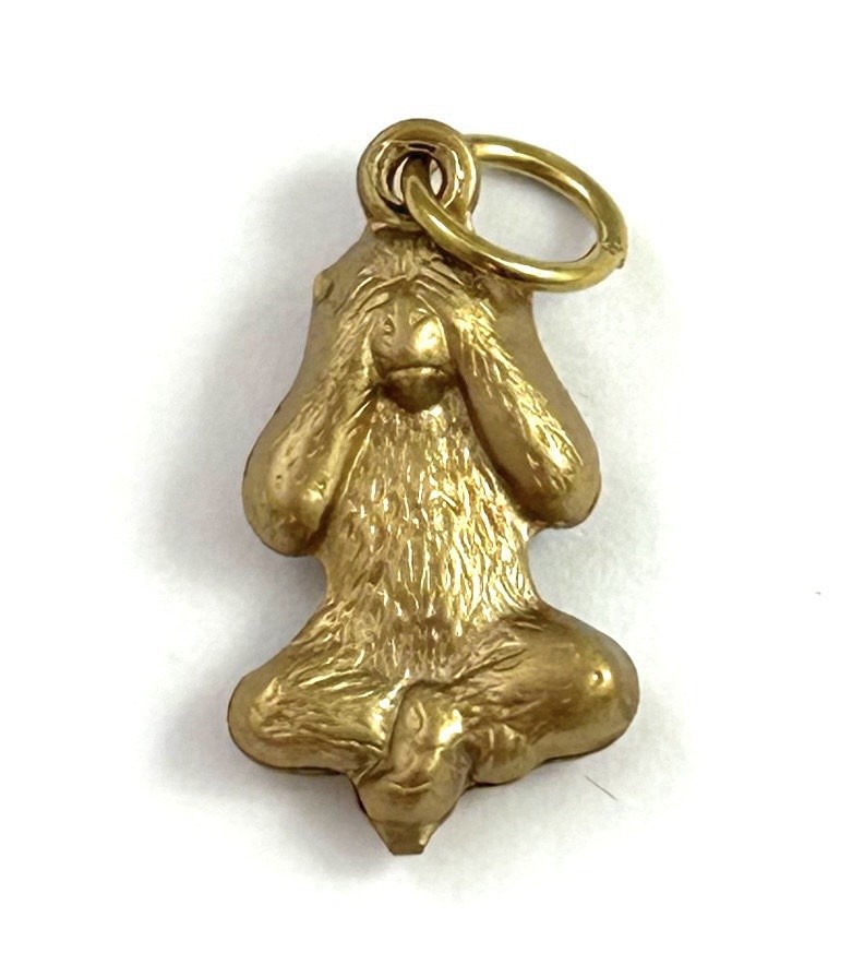 Vintage Charm See No Evil Monkey Necklace Pendant Puffy Brass Metal Jewelry