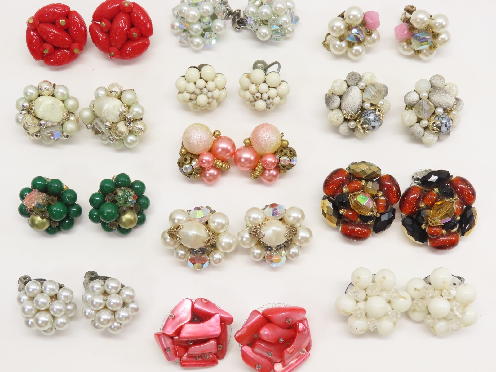 VTG Earrings Cluster Bead Clip On Some Japan Faux Pearl Lucite Plastic + D2542