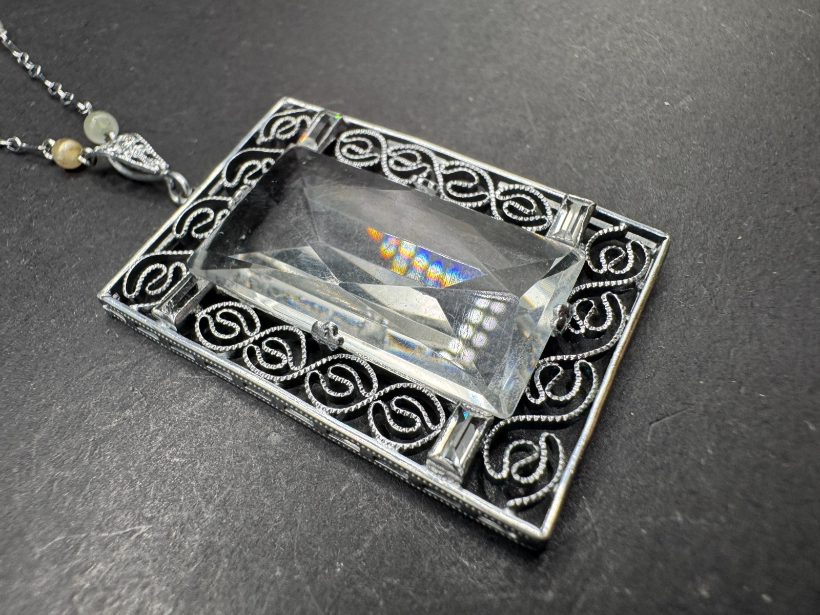 Art Deco Filigree Crystal Chain & Pendant Silver Tone
