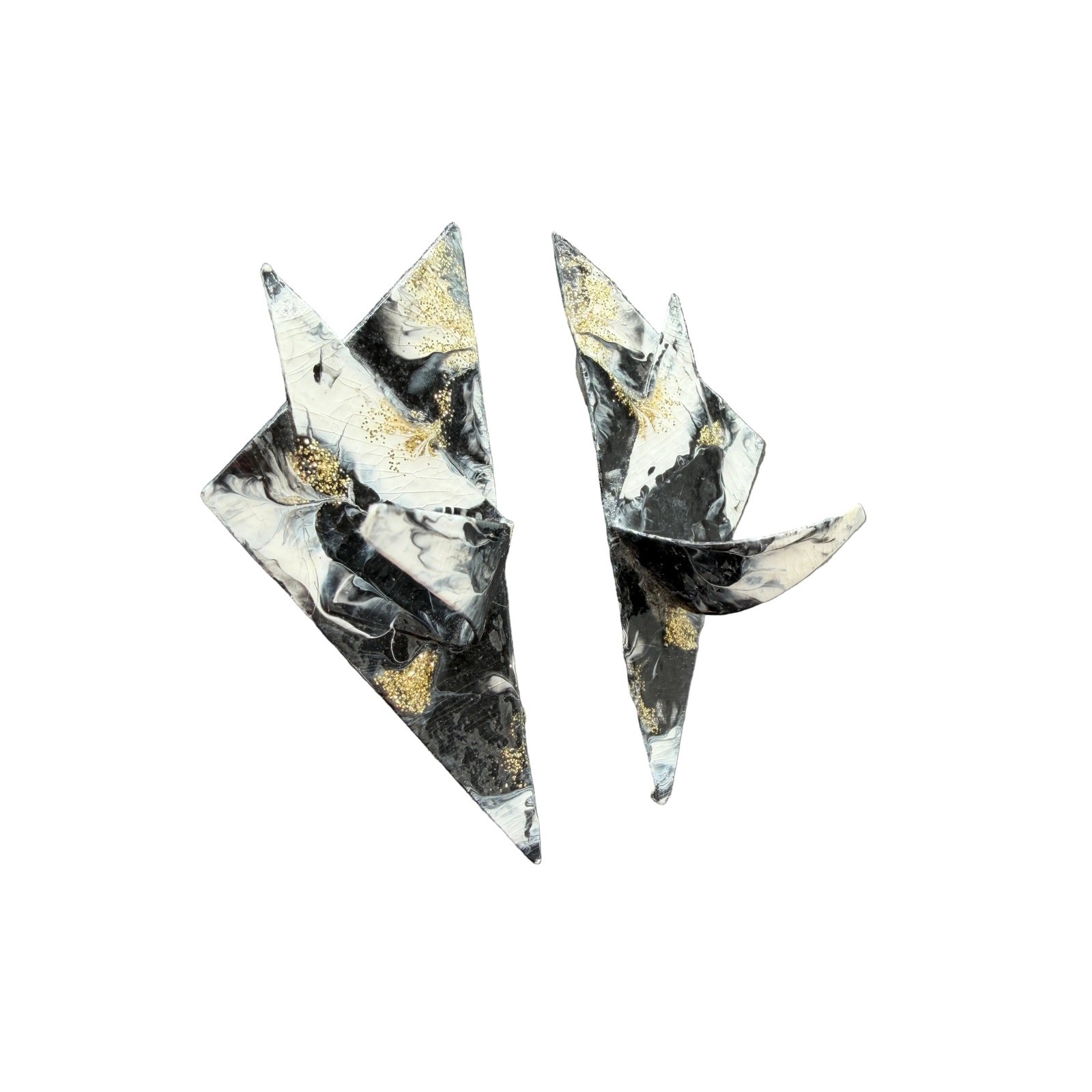1991 Artisan Abstract Paper Clip Earrings with Black, White & Gold Glitter