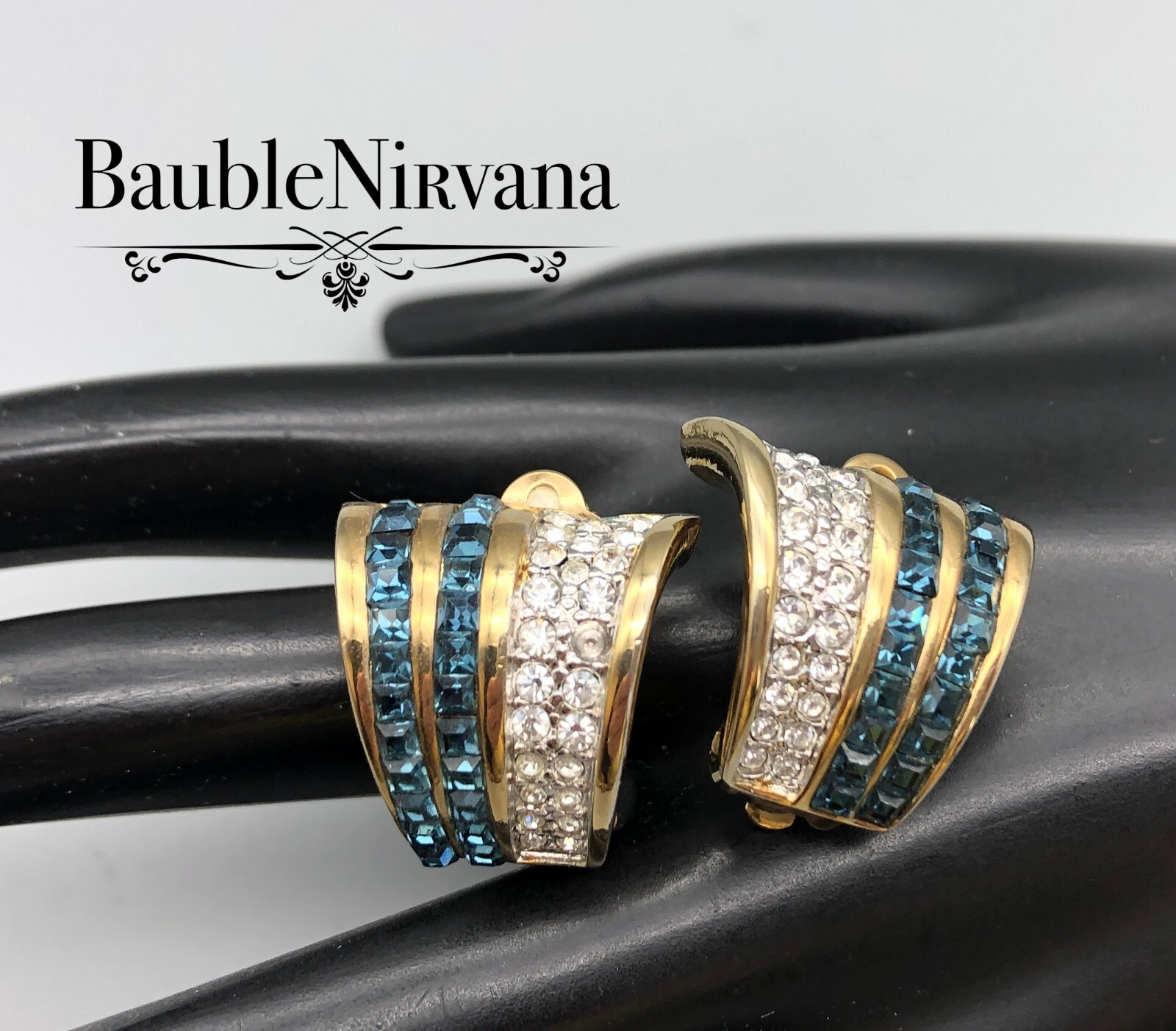 Vintage Look of Real Gold Plated Earrings Square Sapphire Blue&Rhinestones