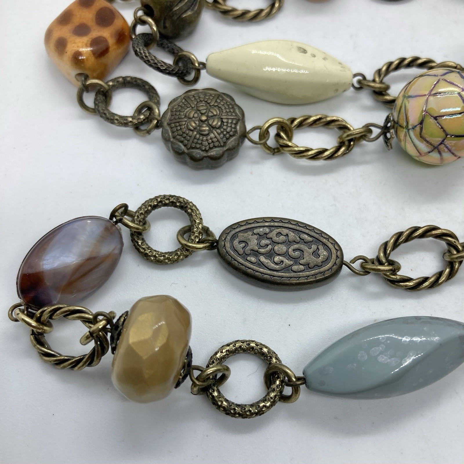 Vtg Boho Statement Bead Brass Chain Link Statement Necklace 34” Signed