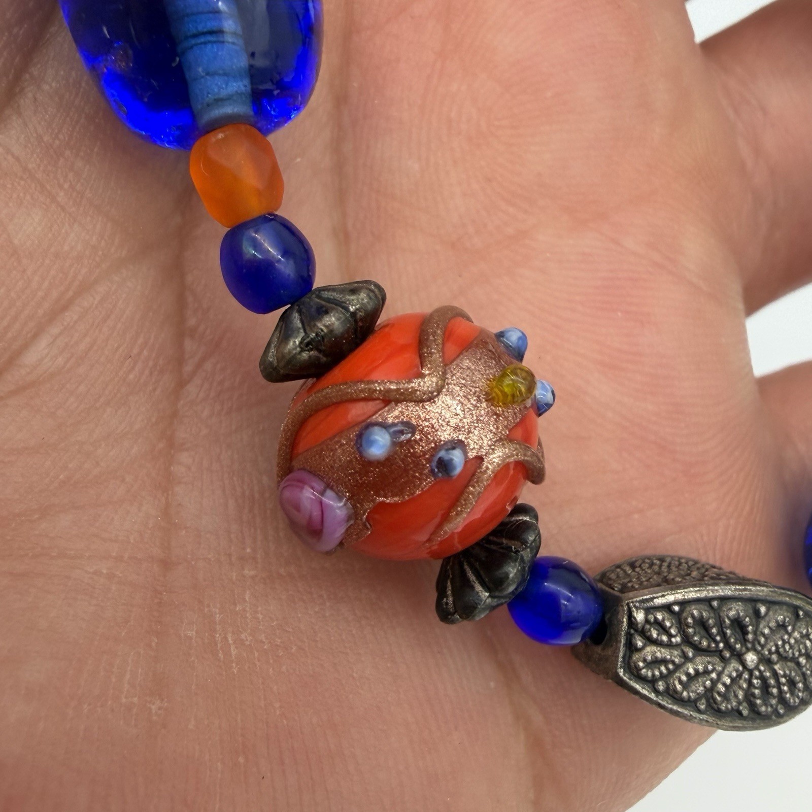 Vintage Wedding Cake Bead Necklace Lamp work Red Orange Cobalt Blue Glass