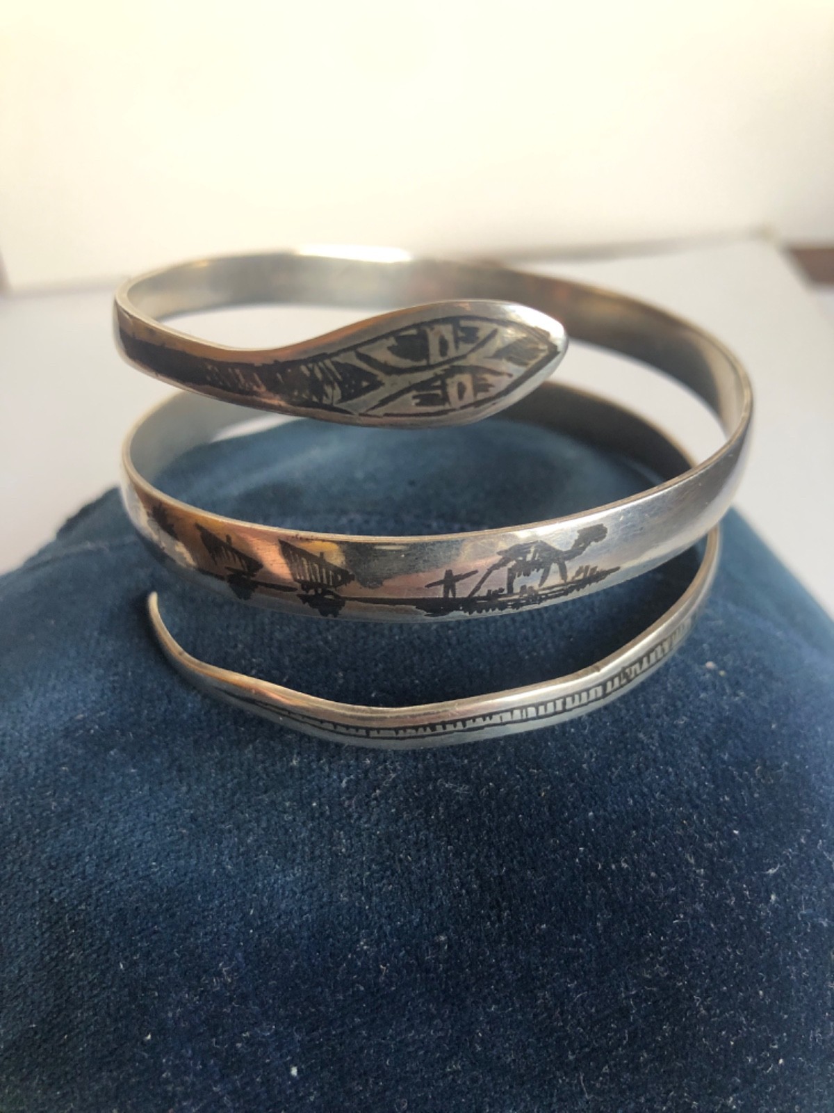 Art Deco Sterling Niello Snake Cuff / Bracelet Egyptian Revival 1930 42 Gram