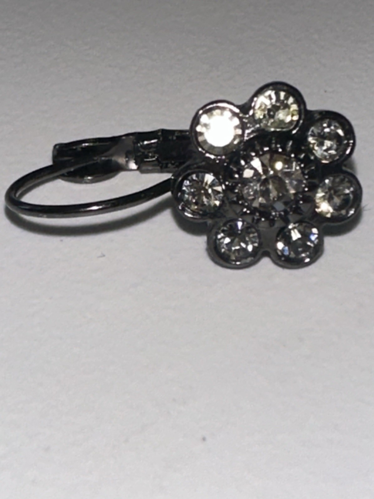 VTG Dark Grey Drop Leverback Earrings W/Crystals in a Floral Shape/Pierced Ears