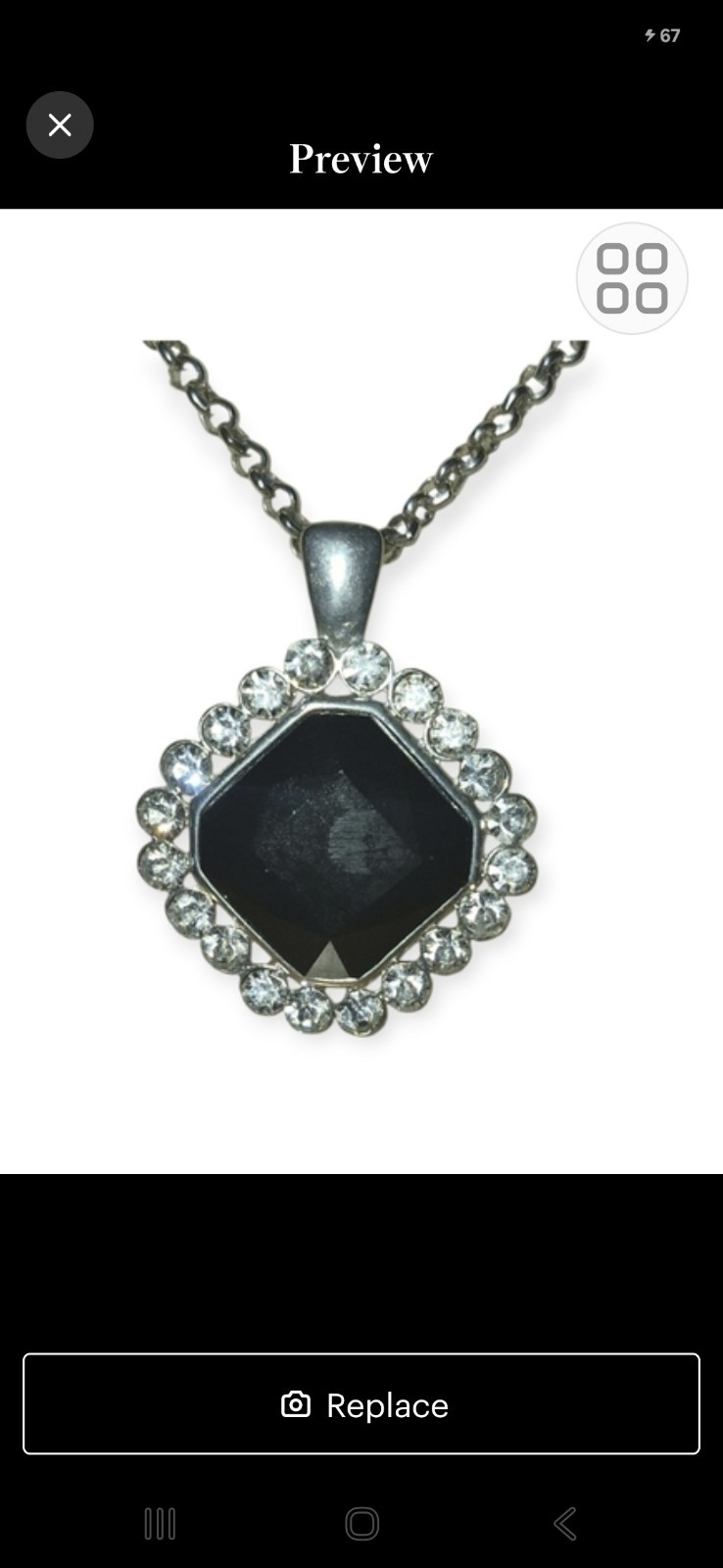 Vintage Art Deco Faux Onyx Pendant Framed by a Halo of Clear Stones.