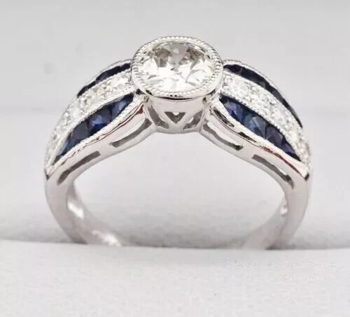 Art Deco Style Lab Created Diamond & Sapphire Engagement Ring 14K White Gold FN