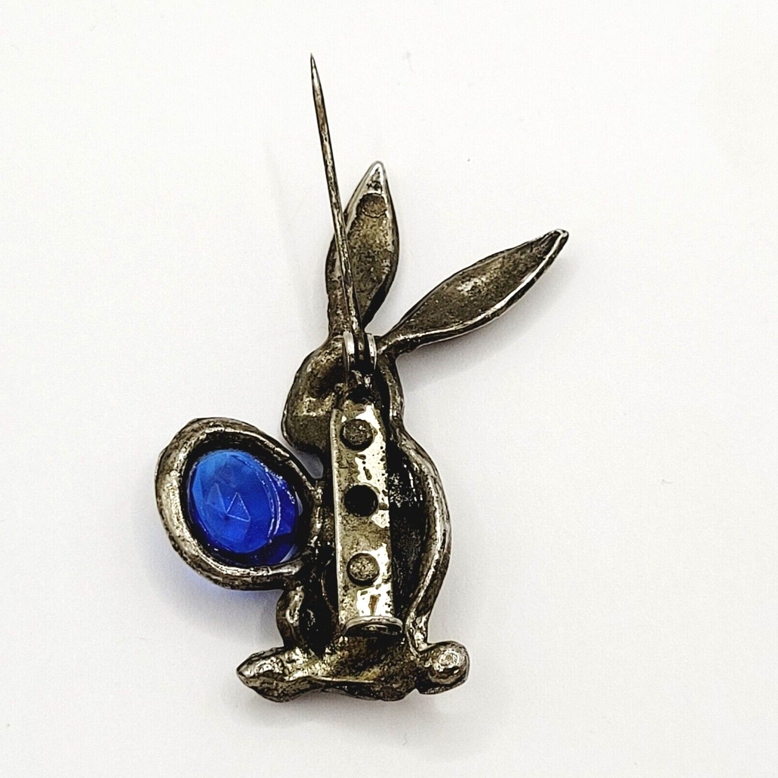 Rabbit Bunny Holding Blue Faceted Egg Silver Tone Vintage Brooch Pin Distressed