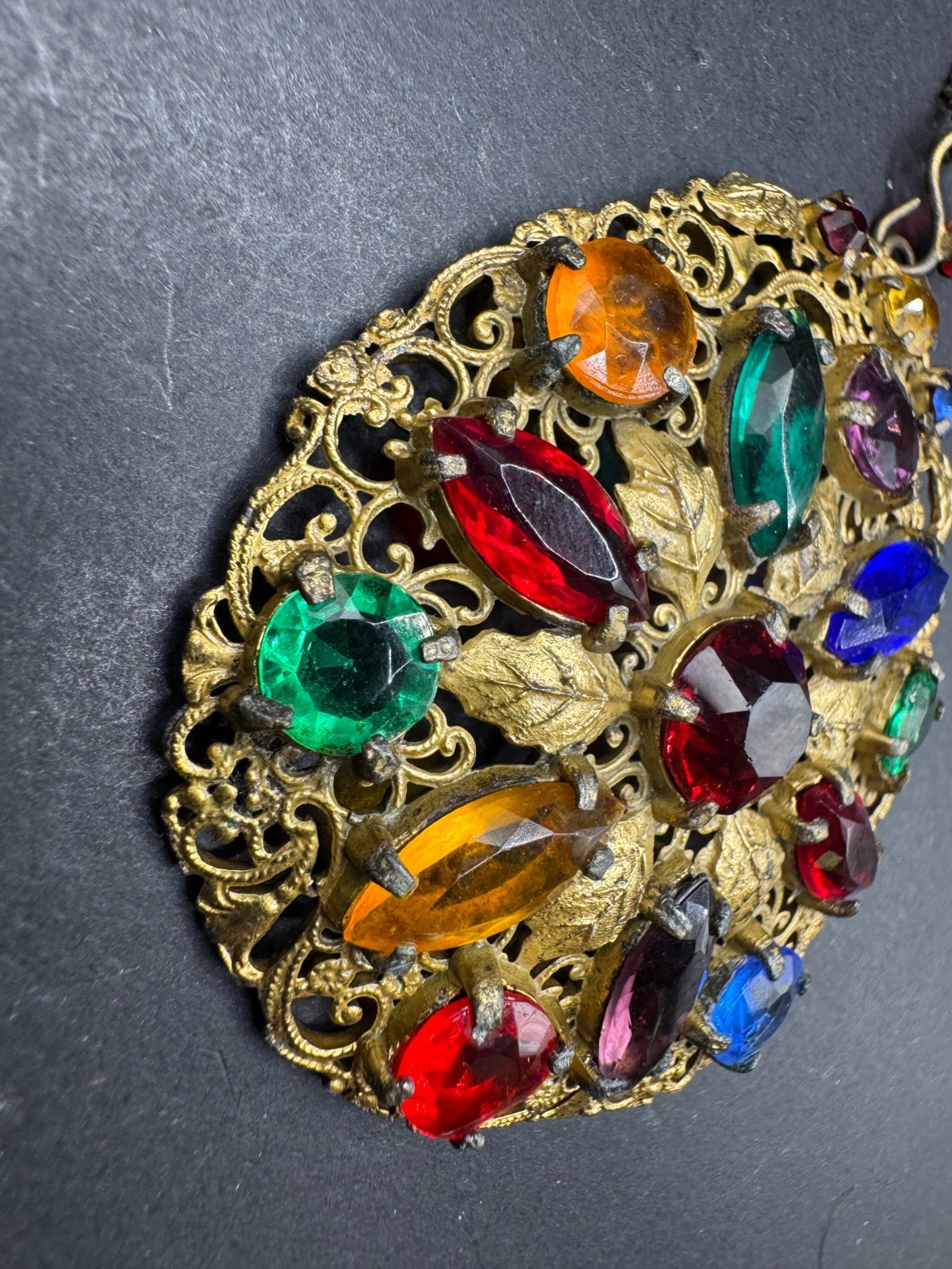 Art Deco Fruit Salad Color Czech Art Glass Filigree Pendant/Necklace