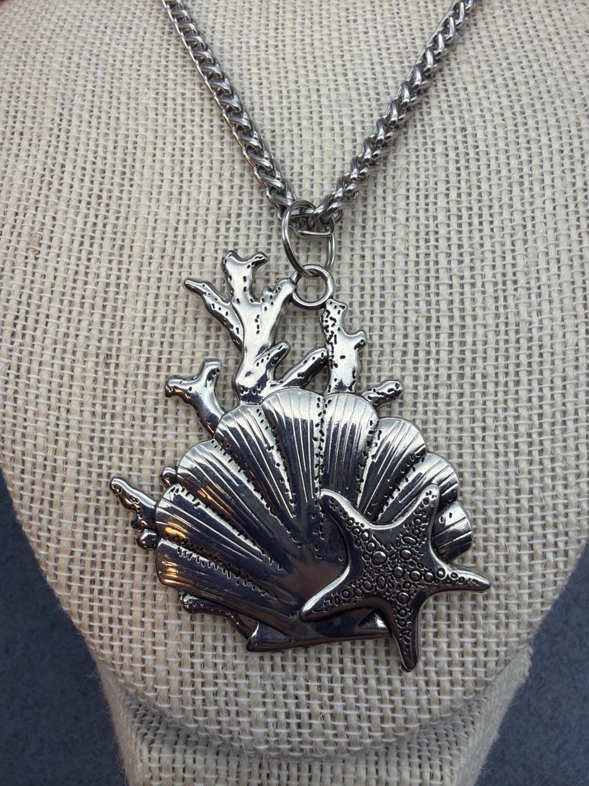 Nautical Pendant Necklace Silver Shell Starfish Coral Beach Vacation Travel