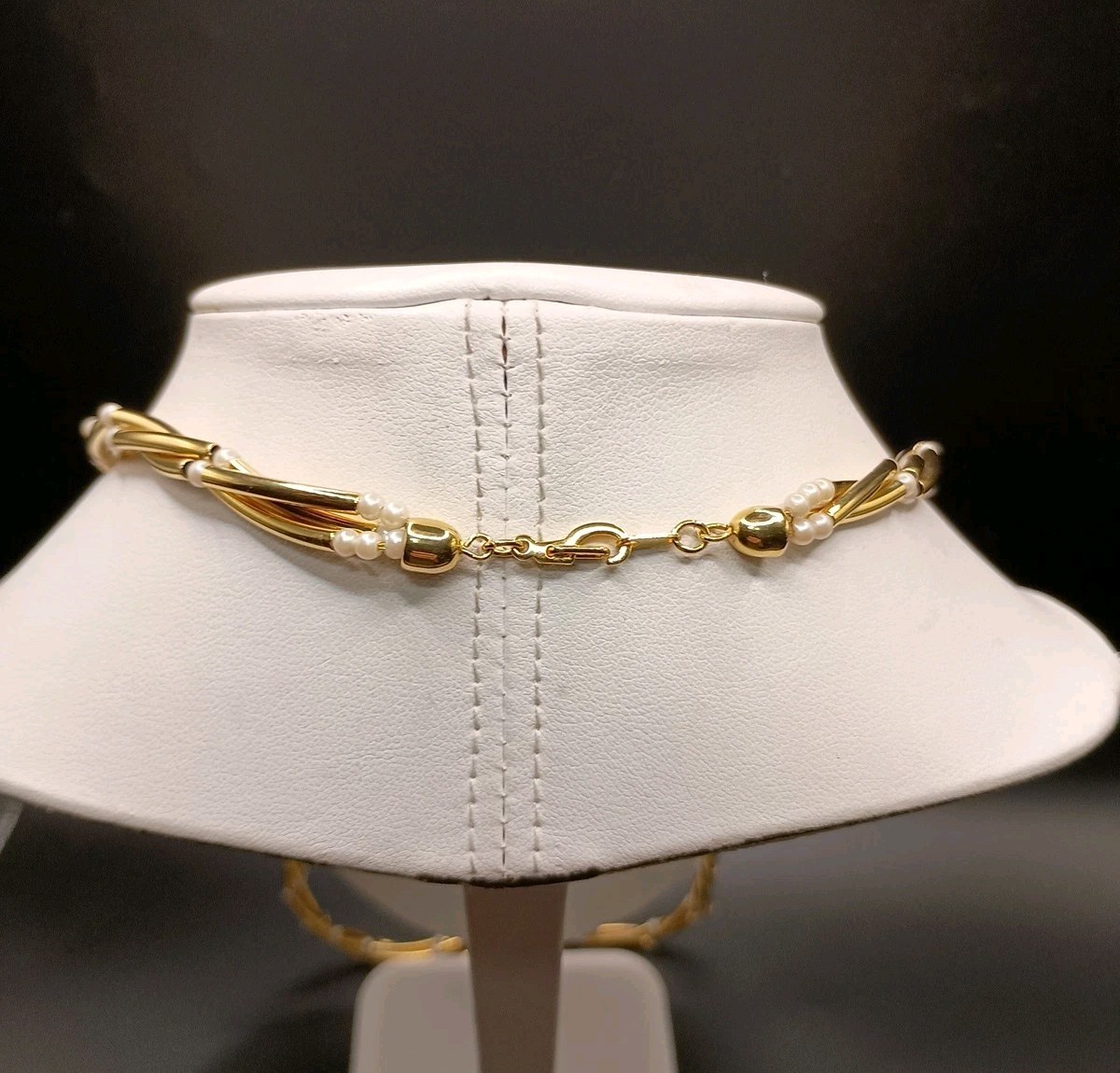 Vintage Gold Tone Bar Link Necklace Multi Strand Twist Seed Pearl 29″