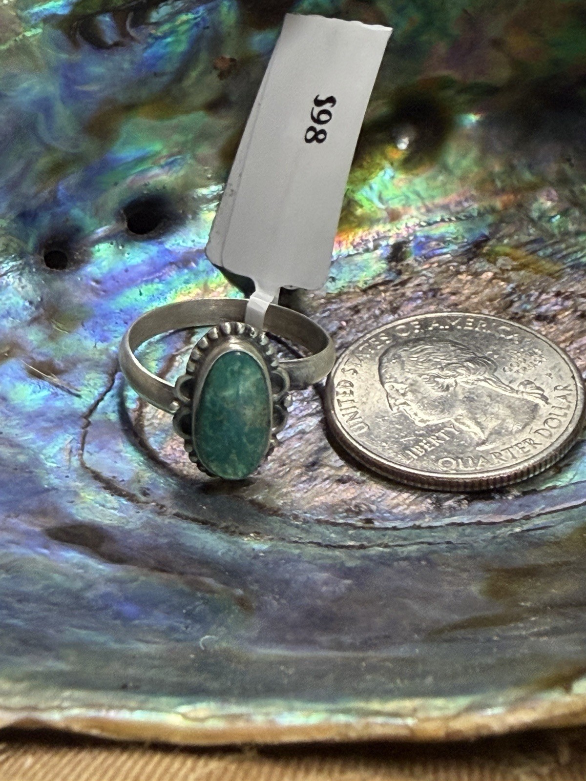 Signed 925 SS bezel set oval pilot mountain turquoise ring Size 8 adjustable