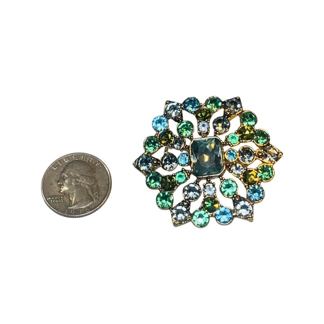 Liz Claiborne Green Rhinestone Brooch Pin 2” Gold Tone Flower